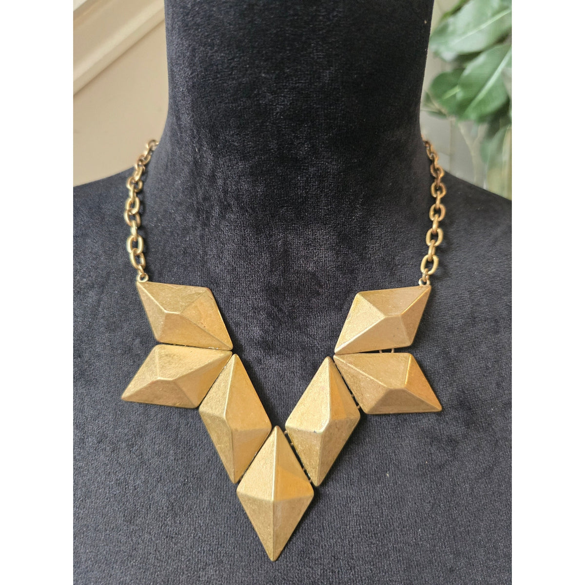 Gold Tone Chunky Geometric Faceted Triangle Chevron Bib Necklace