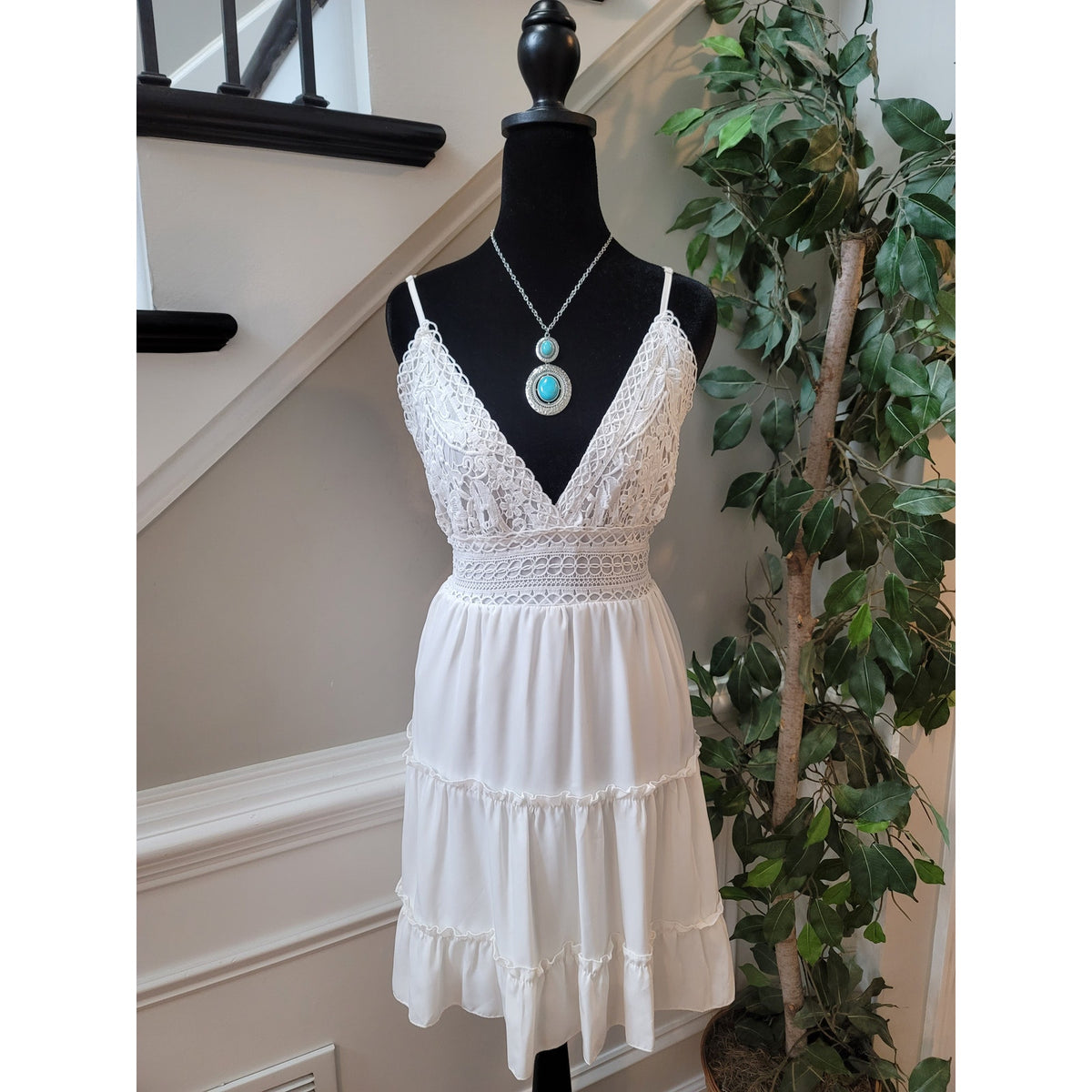 Ecowish Sundress Women Size L White Lace Tiered Sleeveless Summer Beach Casual
