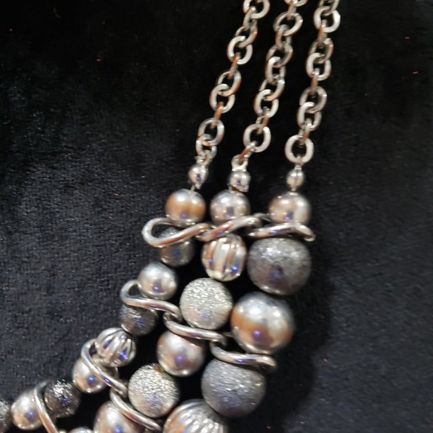 Womens Fashion Mixed Bead Silver Tone 3 Strand Statement Necklace Lobster Clasp