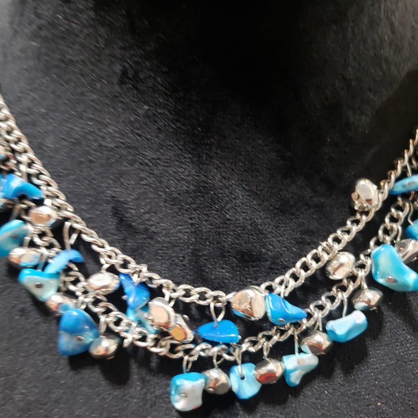 Womens Fashion Double Stranded  Silver Tone Chain Blue Beads Necklace with Lobst