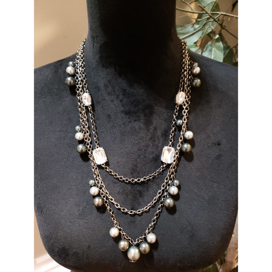Womens 3 Strand Drippy Metal Ball Beads Crystals Necklace Jewelry with Lobster