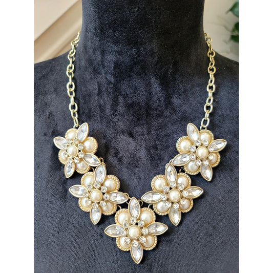 Vintage Gold Tone Faux Pearl Rhinestone Floral Statement Bib Necklace Bridal