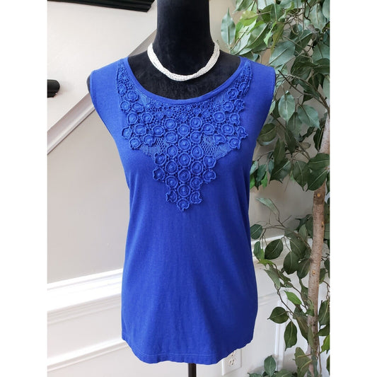 Chico's Women Blue Cotton Embroidered Lace Round Neck Sleeveless Top Tank XL