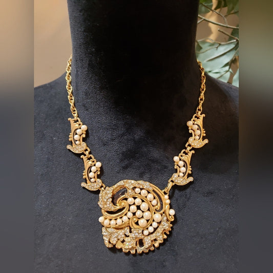 Womens Gold Plated Encrusted Rhinestone Faux Pearl Filigree Necklace Jewelry