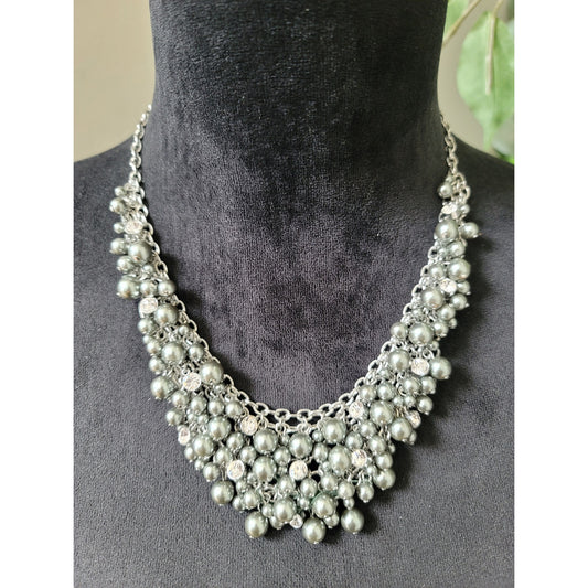 Charter Club Silver Pearl Beaded Statement Necklace With Lobster Claw Lock