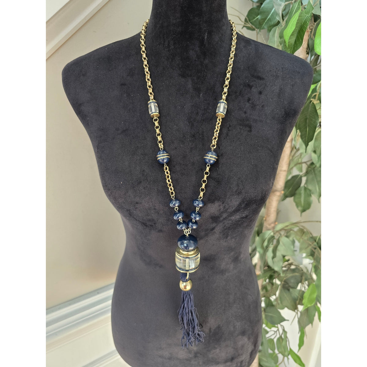 Navy Blue Beaded Gold Tone Tassel Long Pendant Necklace