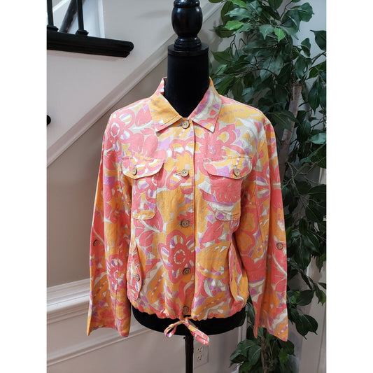 Ruby Rd. Women's Multicolor Floral Linen Long Sleeve Button Front Jacket Size 14