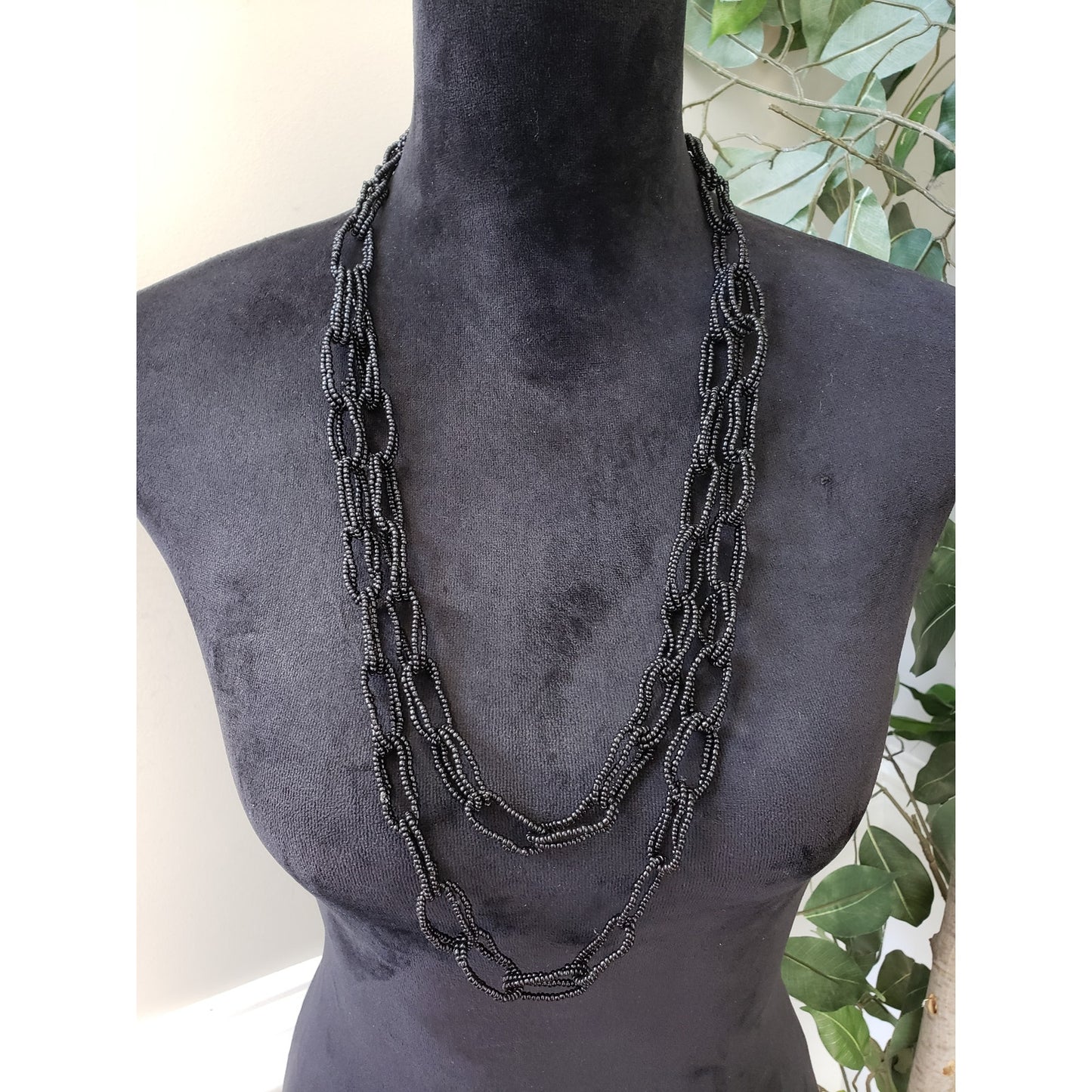 Women Fashion 2 Strand Black Seed Bead Chain Necklace Jewelry with Lobster Clasp