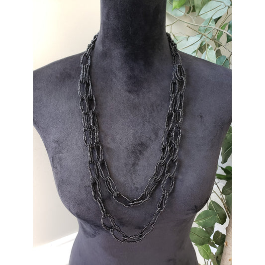 Women Fashion 2 Strand Black Seed Bead Chain Necklace Jewelry with Lobster Clasp