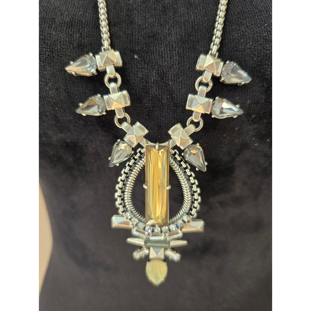 Long Silver and Gold Tone Rhinestone Statement Pendant Necklace