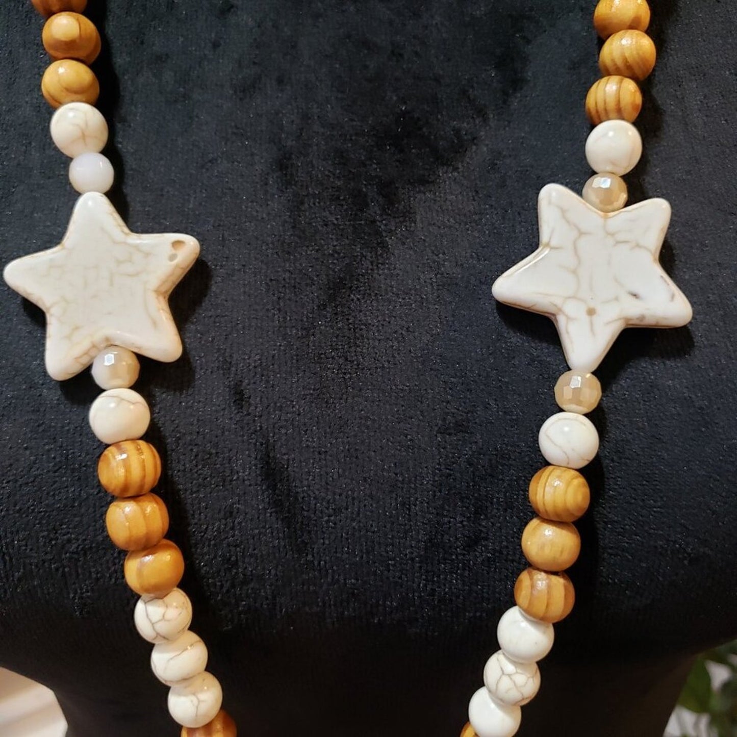 Womens Fashion White Stars Wooden Round Beads Tassel Necklace with Lobster Clasp