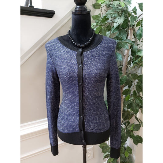 Loft Women's Blue & Black Cotton Long Sleeve Metallic Sparkle Cardigan Sweater S