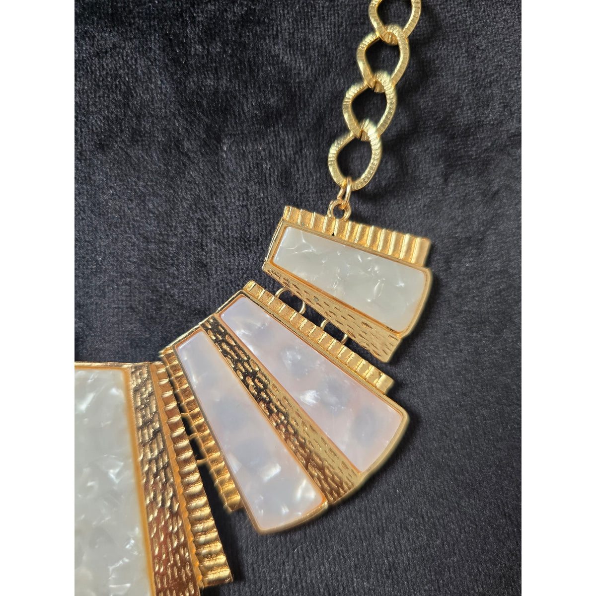 Gold Tone Cream White Enamel Geometric Fan Art Deco Collar Necklace
