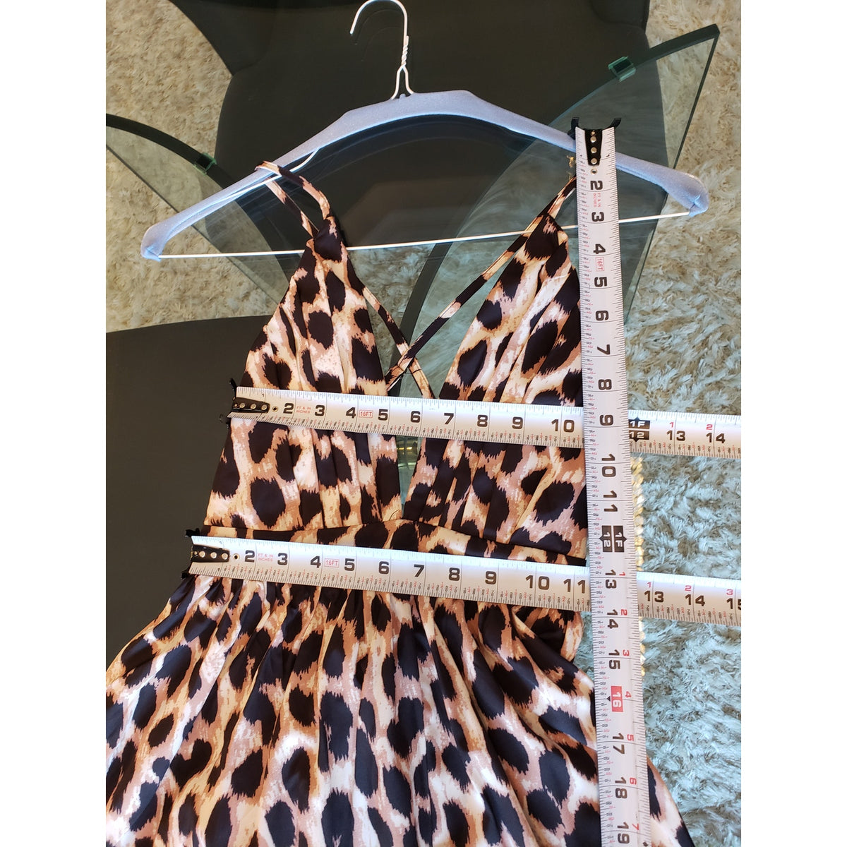 SHEIN Long Maxi Dress Womens Size 2 Black & Beige Leopard Plunge Neck Sleeveless