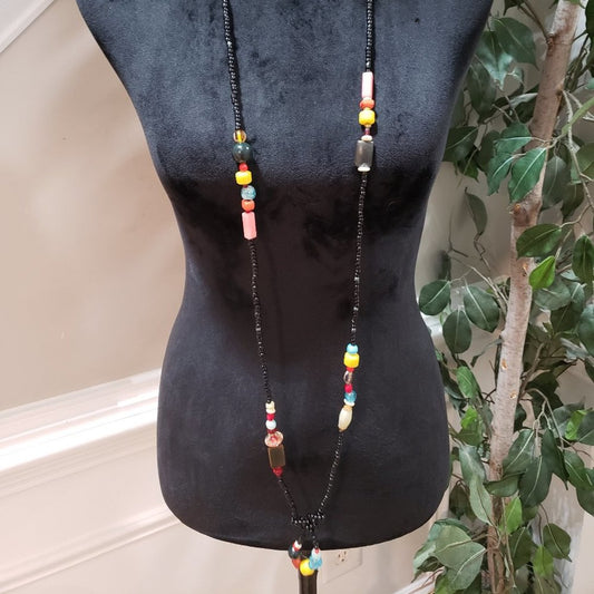 Womens Fashion Multicolor Stone Woven Seed Bead Long Necklace Jewelry Adjustable
