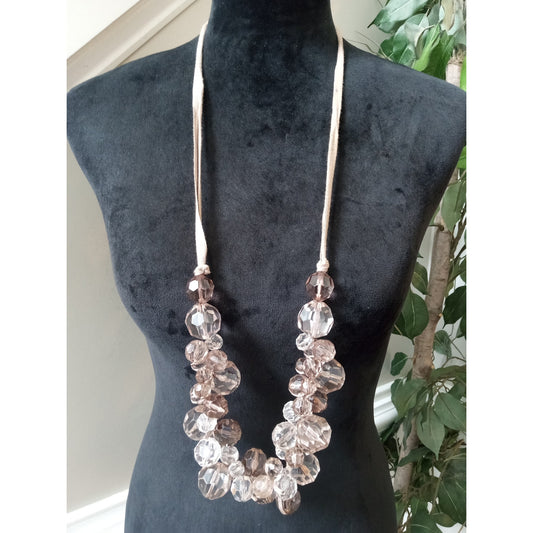 Faceted Crystal Cluster Statement Necklace Blush Champagne Beads Beige Cord