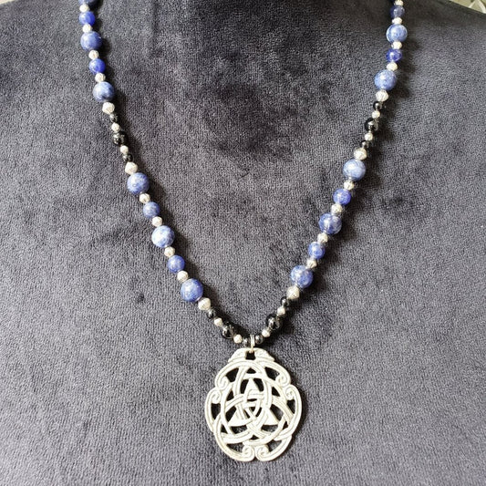 Womens Gold Tone Blue Jade Black Bead Celtic Trilogy Pendant Necklace w/ Lobster