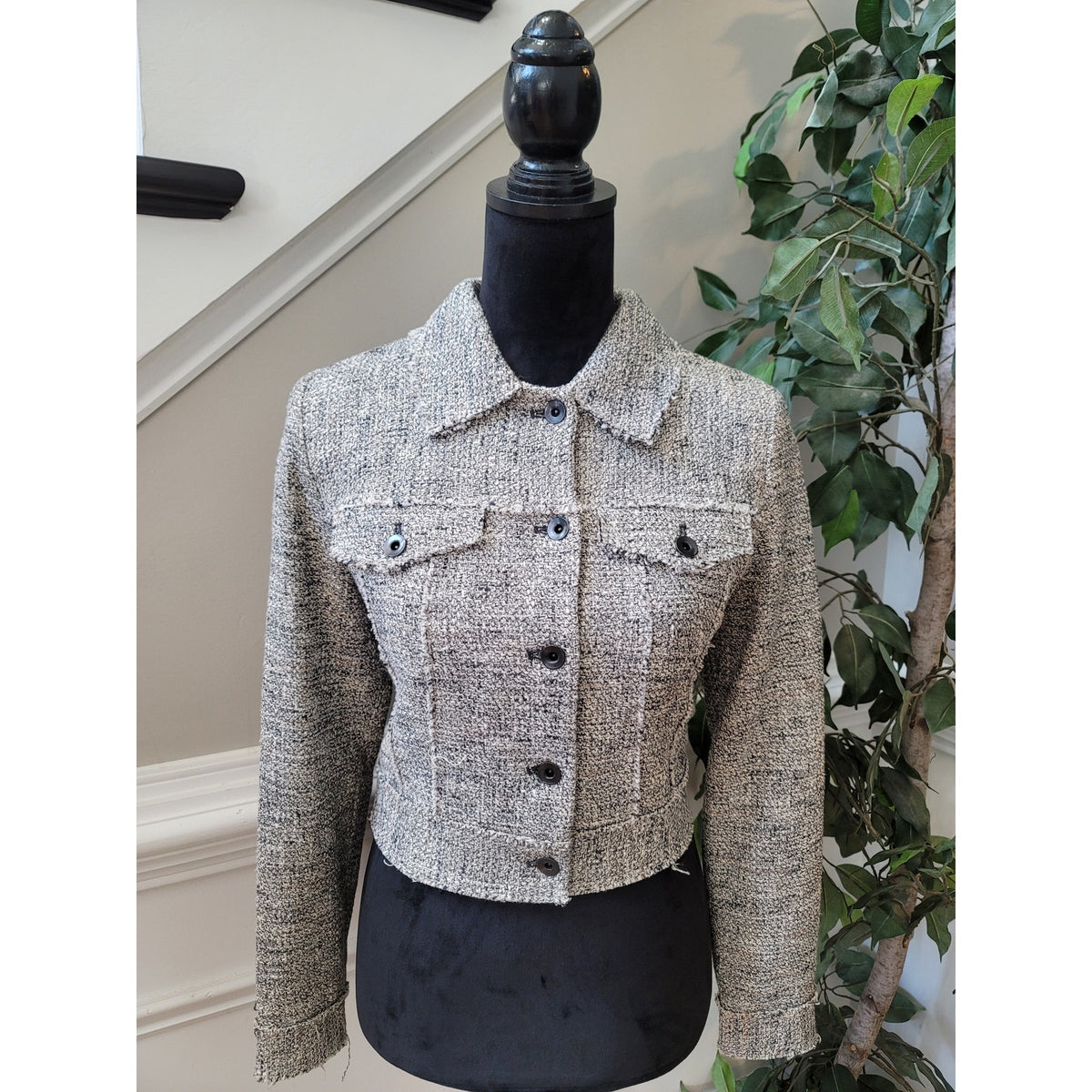 Milly Tweed Jacket Women's Small Gray Heathered Flap Pockets Button Up Front
