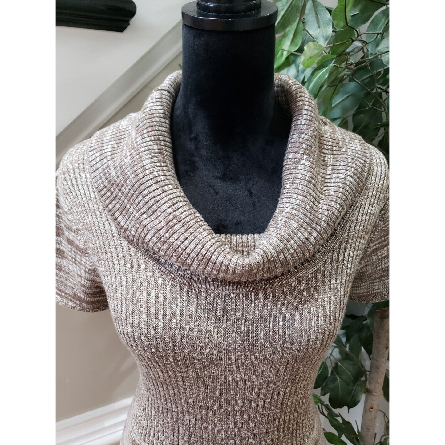 Calvin Klein Women's Beige Knit Space Dye Short Sleeve Cowl Neck Sweater Dress S