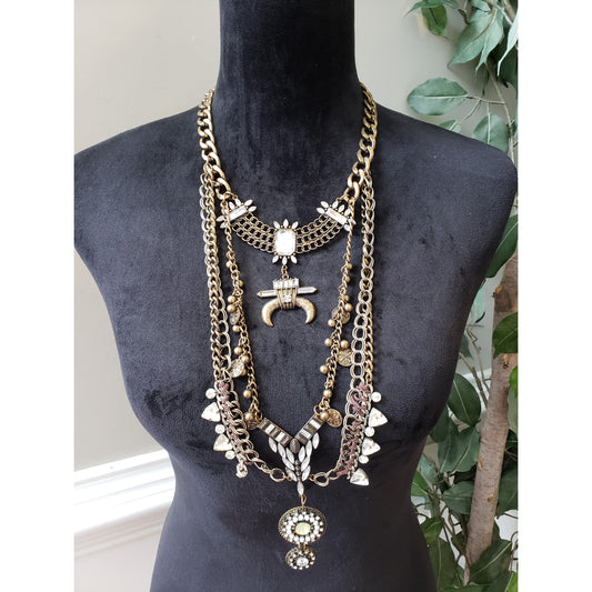 Women's Vintage Gold Chain Necklace with Crystal Accents and Multi-Layer Design