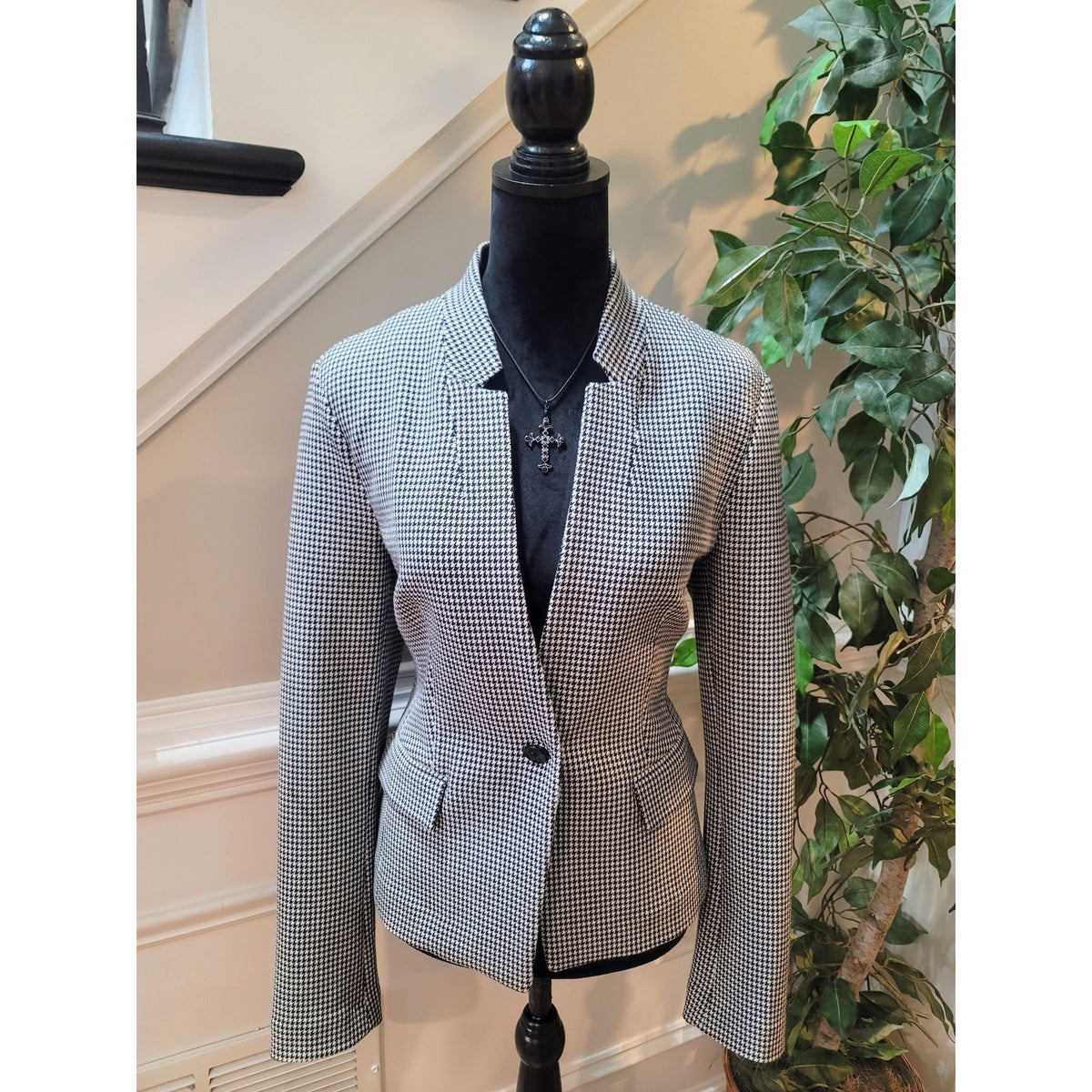 Banana Republic Blazer Jacket Women's Size 8 White/Black Houndstooth One Button