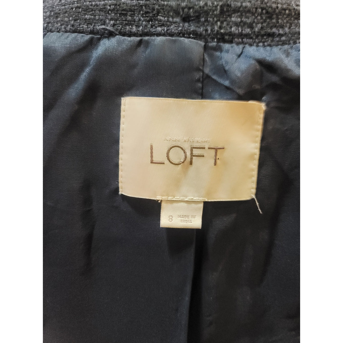 Loft Ann Taylor Blazer Jacket Women's SZ 8 Navy Blue Studded Frayed Faux Pockets