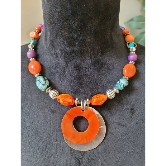 Women's Colorful Beaded Statement Necklace With Orange Circle Pendant Design