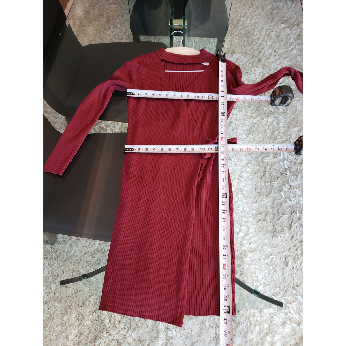 Questions Wrap Dress Women's Size 1X Burgundy Ribbed Cutout Mock Neck Tie Waist