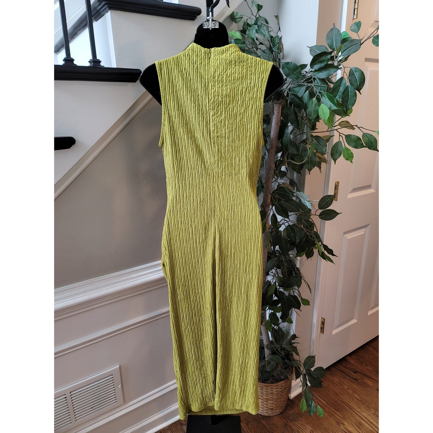SHEIN Dress Women L Yellow Sleeveless Crinkle Ruched Midi Bodycon Chic