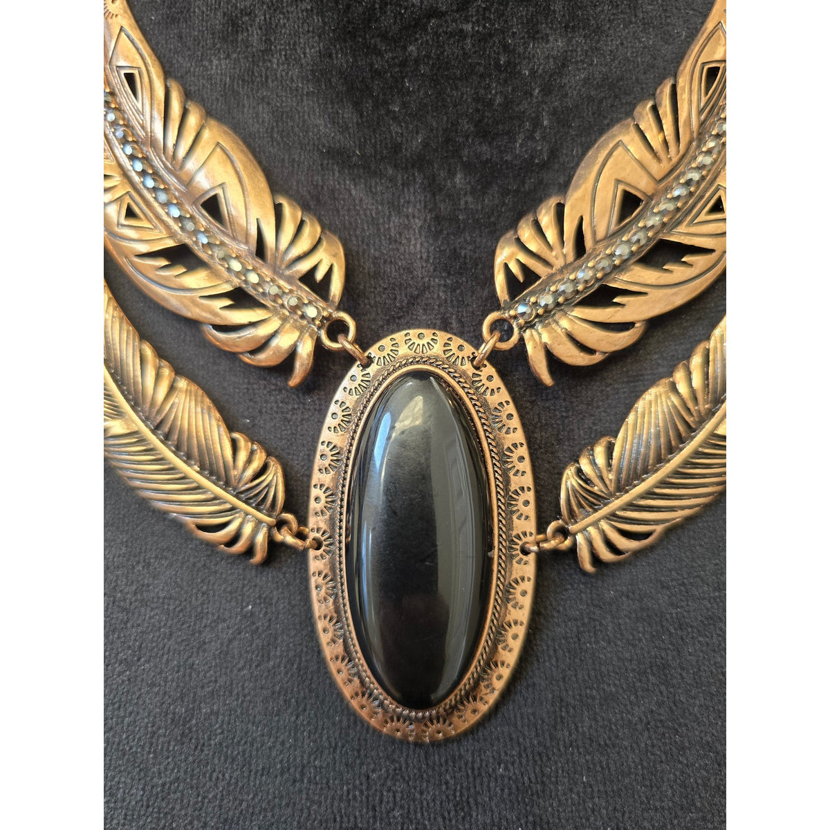 Mia Collection Gold-tone Layered Feather Black Onyx Necklace & Earrings Set