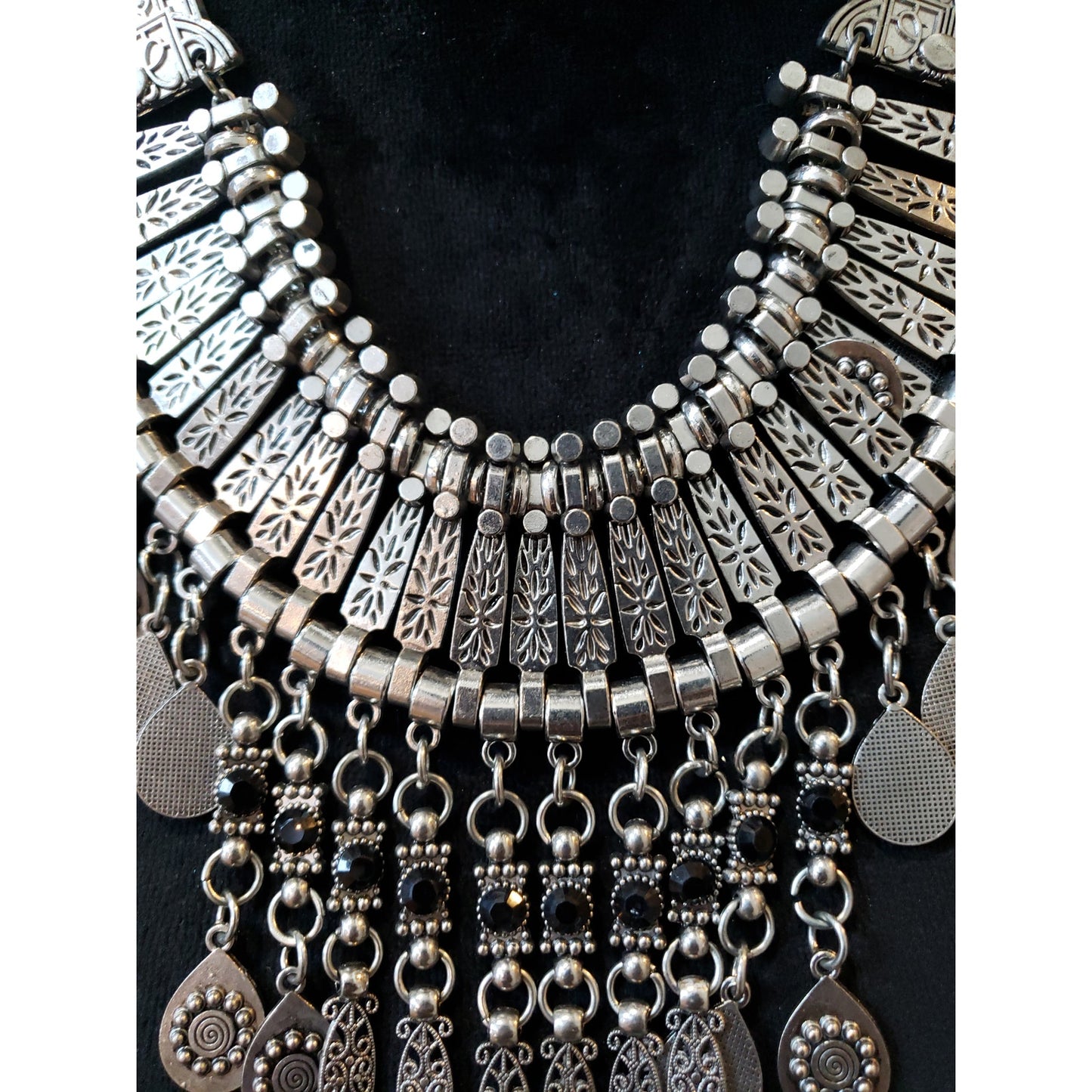 Womens Silver Tone Tribal Oxidised Charm Bib Statement Necklace with Lobster