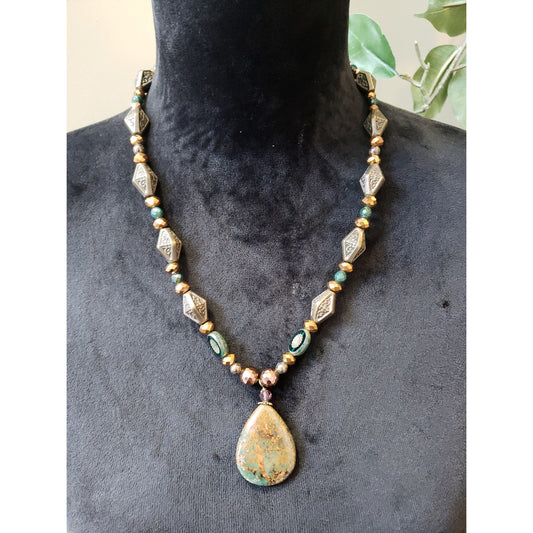 Women's Boho Beaded Pendant Necklace Teardrop Stone Hook Clasp Tribal Style