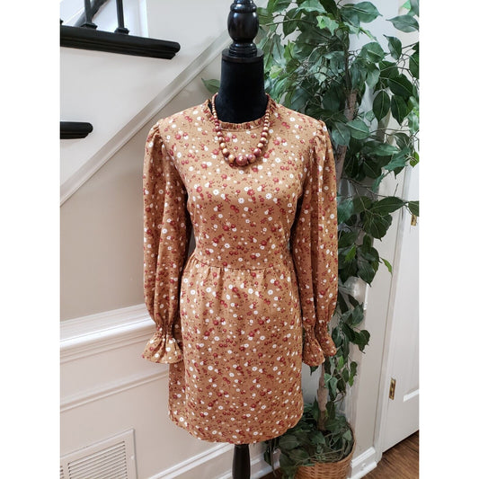 Est 1946 Women's Brown Lined Floral Long Sleeve Crew Neck Shift Dress Size Large
