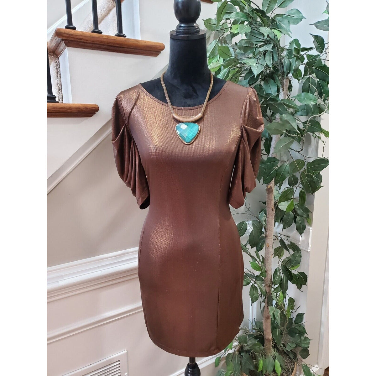 Forever 21 Women's Brown Polyester Round Neck Short Sleeve Knee Length Dress L