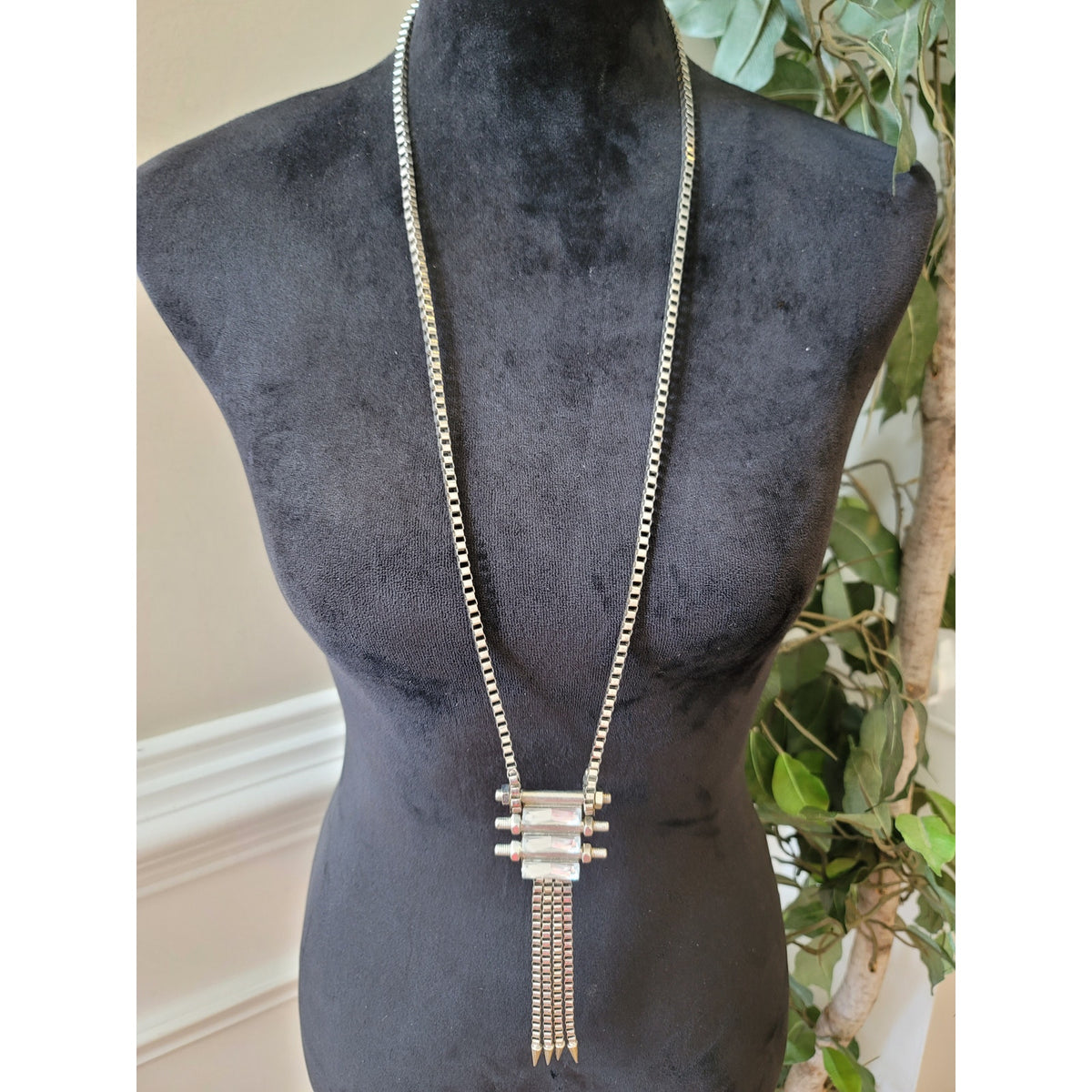 Women's Silver Industrial Chain Necklace With Clear Rectangular Crystal Accents