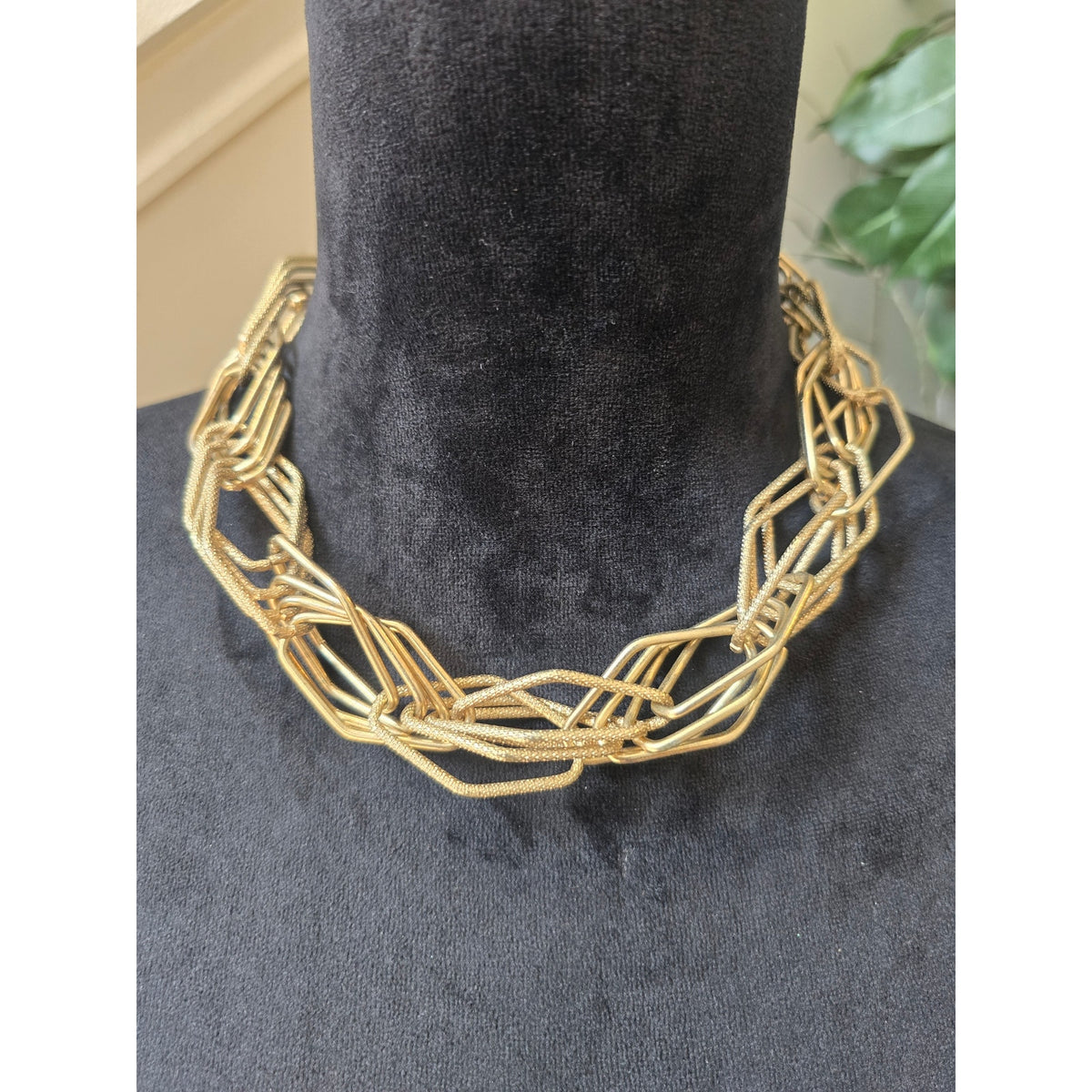 Gold Tone Chunky Geometric Multi Strand Chain Statement Necklace