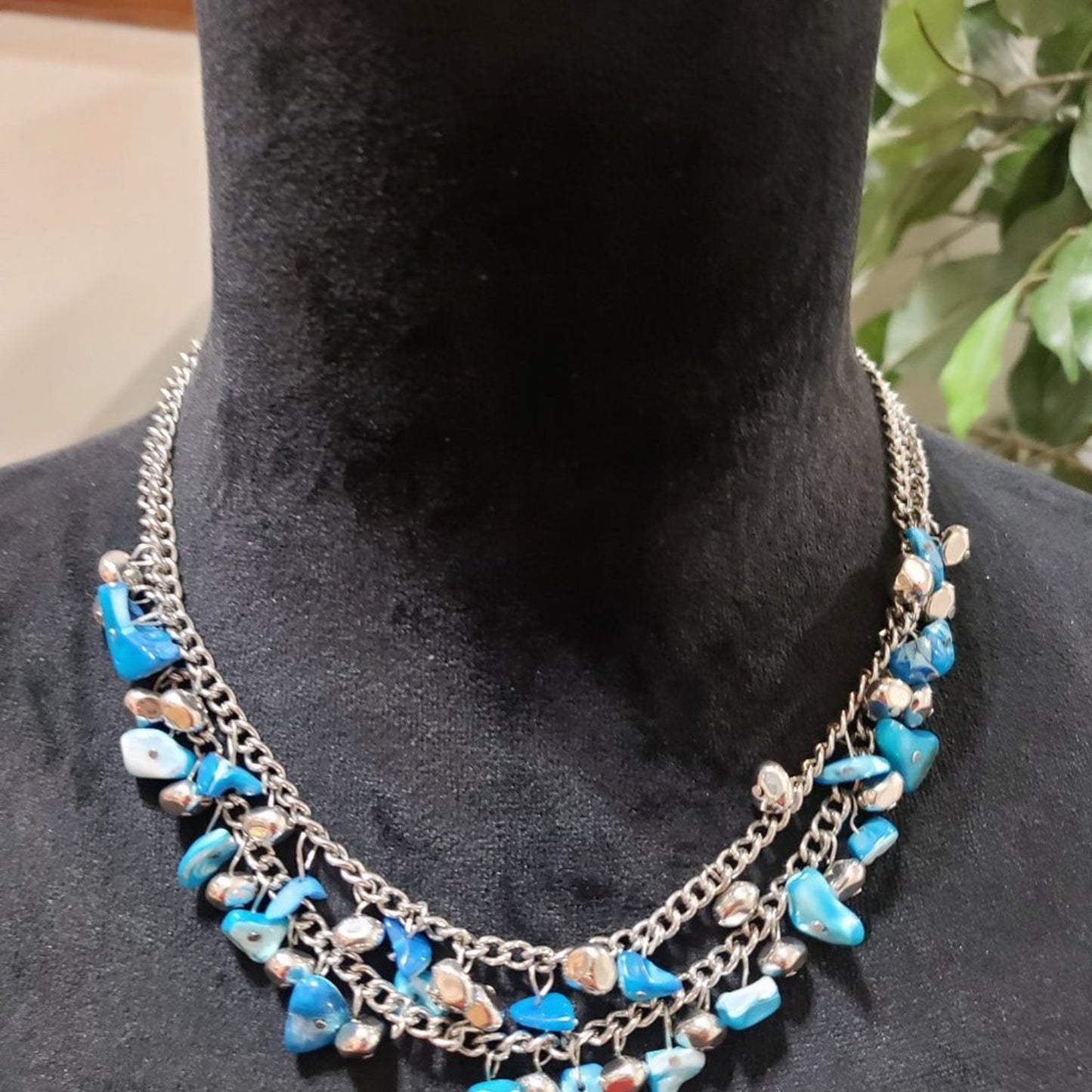Womens Fashion Double Stranded  Silver Tone Chain Blue Beads Necklace with Lobst
