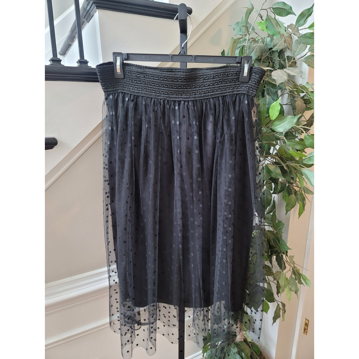 Metro Wear A-Line Skirt Women's Medium Black Polka Dot Tiered Sheer Smocked