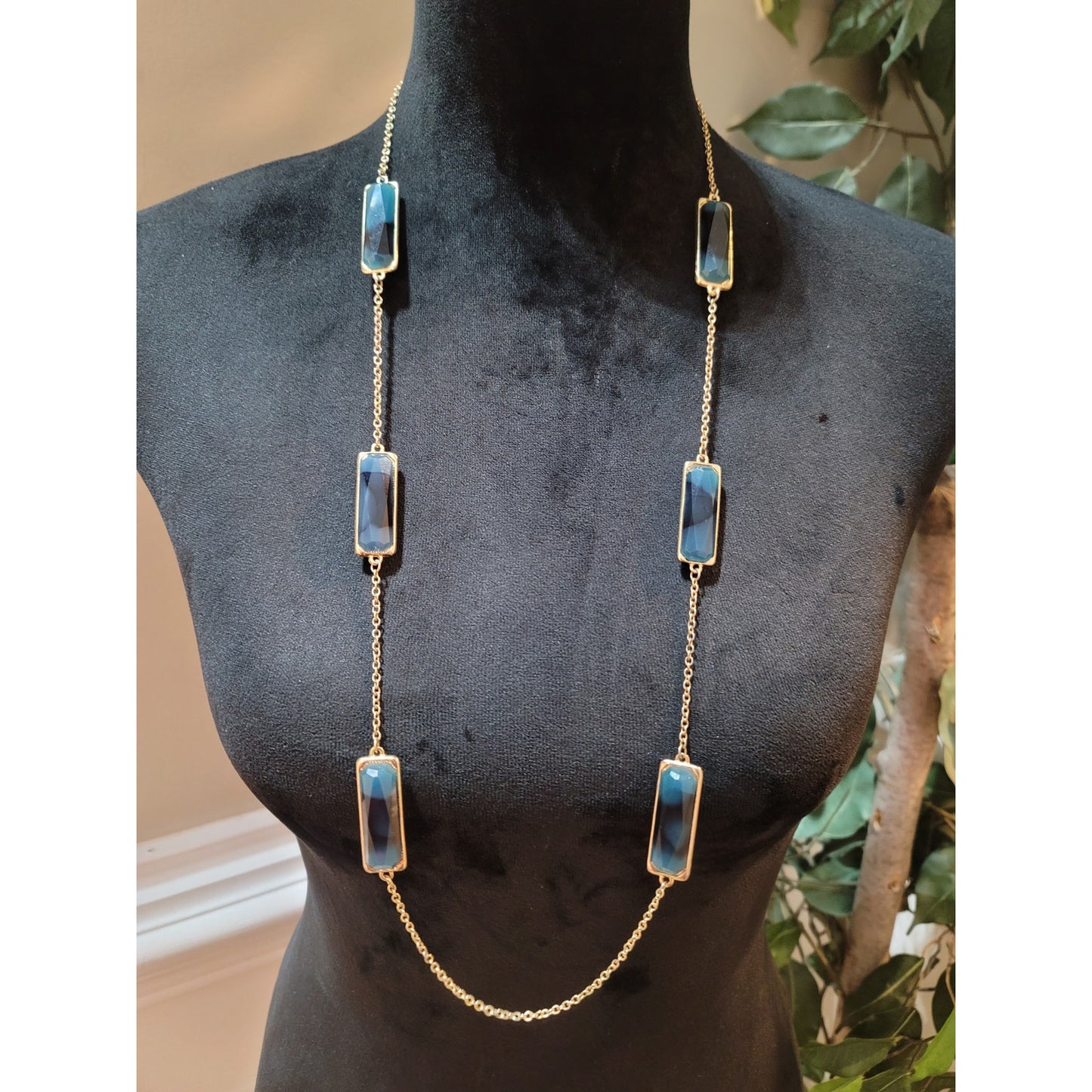 Women’s Gold Tone Long Chain Necklace With Blue Rectangular Stones Lobster Lock