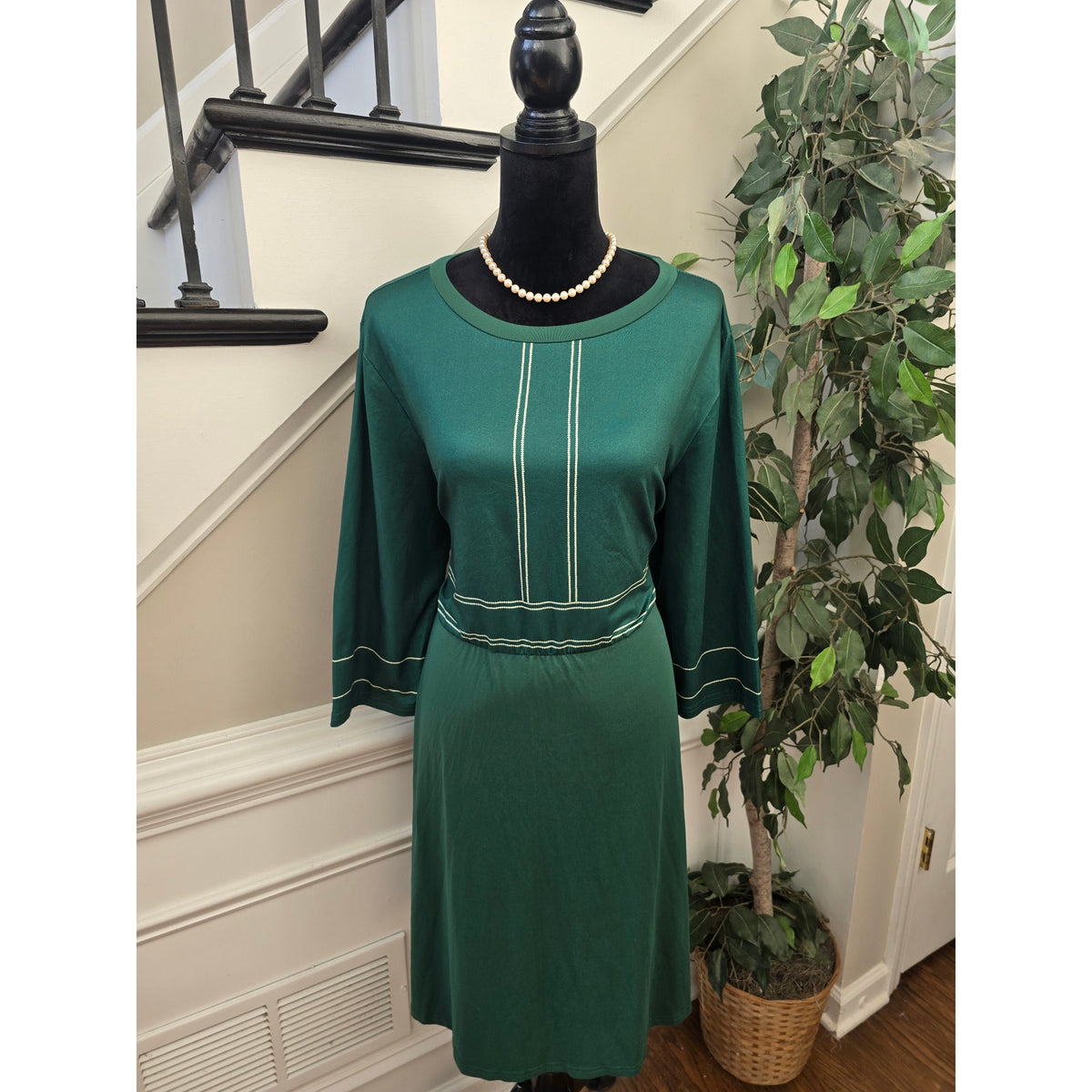 Shein Curve Fit & Flare Dress 2XL Green Patchwork Round 3/4 Sleeve Drop Shoulder