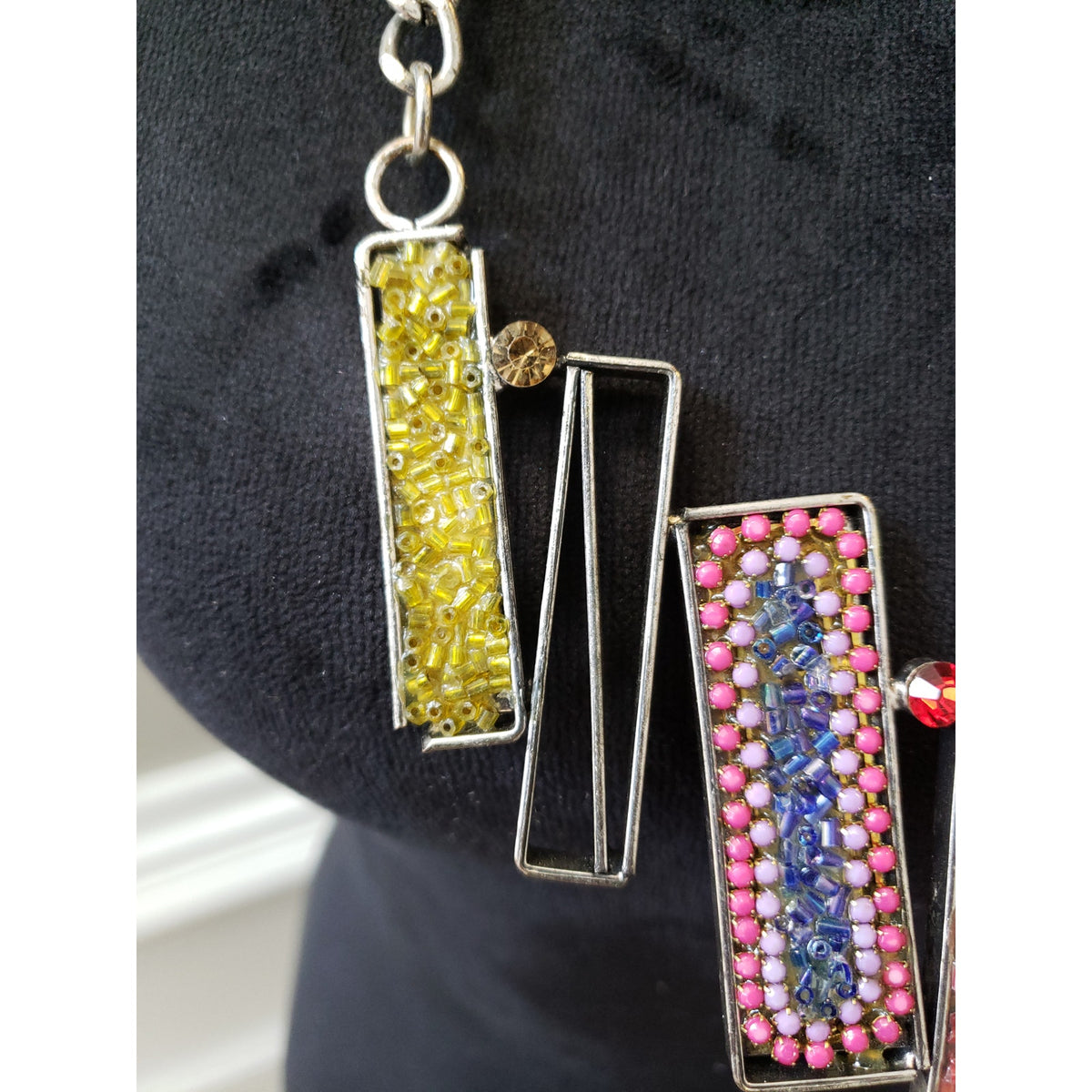 Colorful Beaded Chain Necklace with Yellow Pink & Purple Beaded Pendants