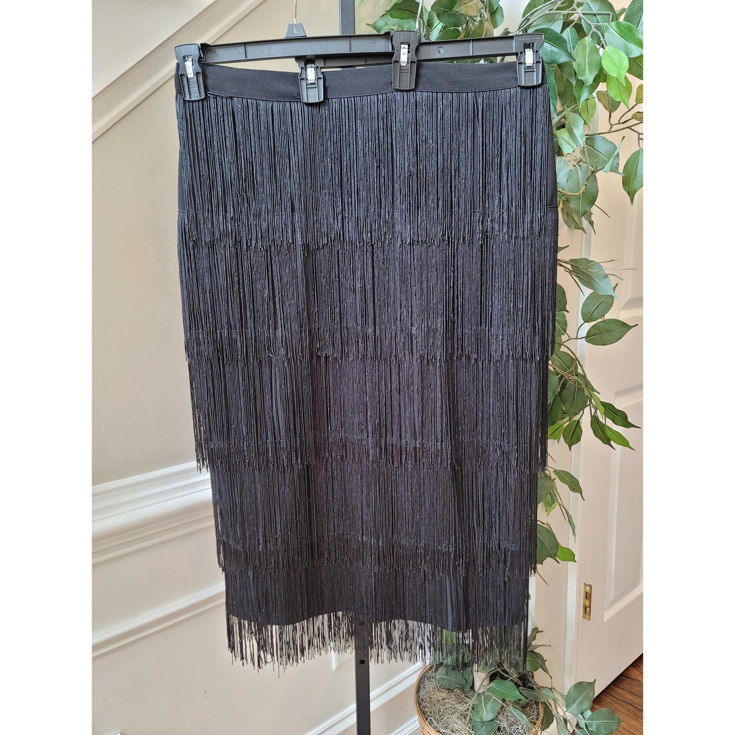 AOMEI Skirt Women's Size L Black Fringed Dance Midi Pleated Stretch Polyester