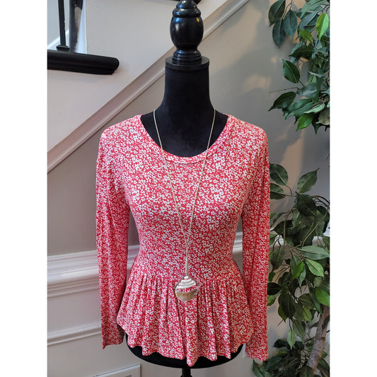 Wednesday's Girl Blouse Women's Size X-Small Red White Crew Neck Long Sleeves