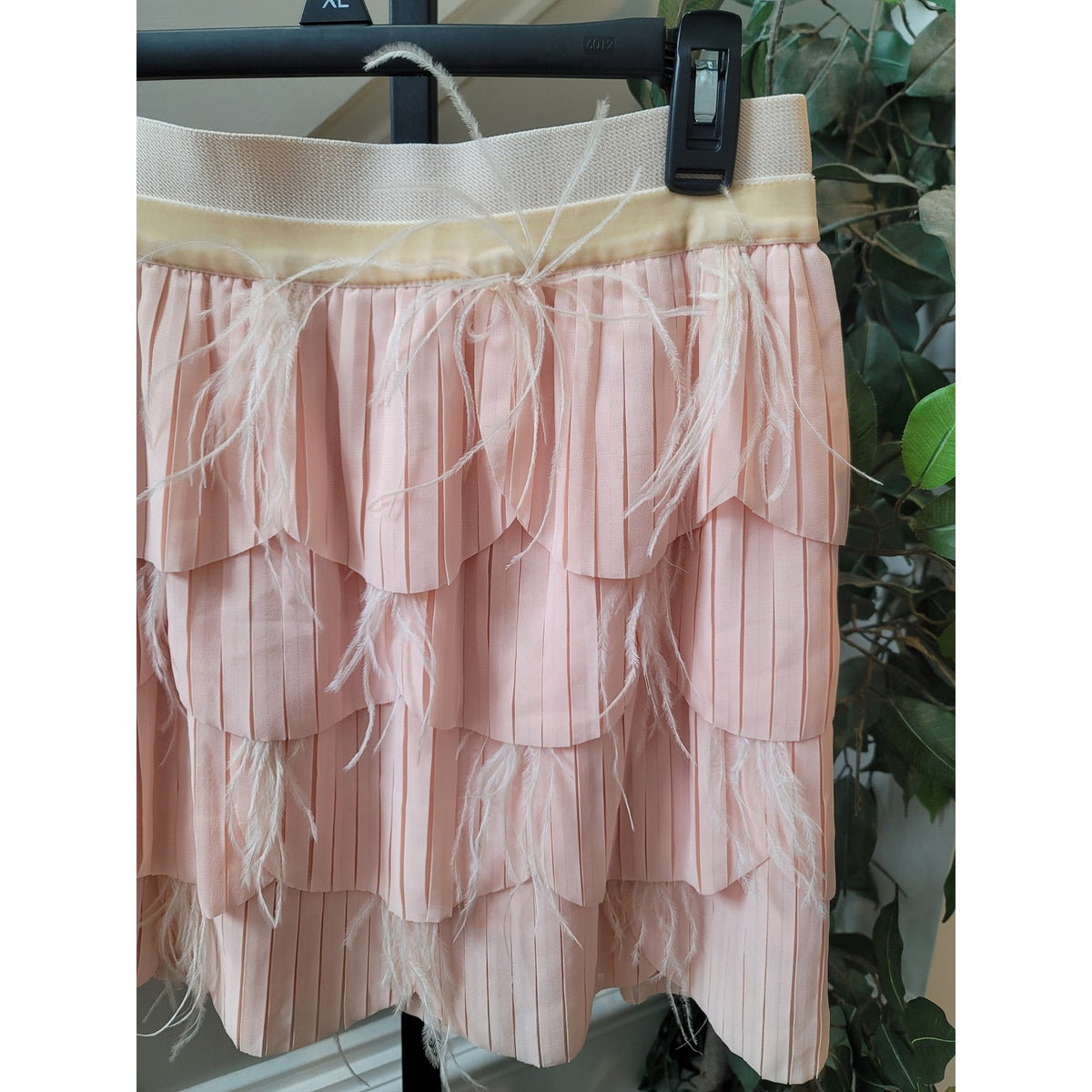 Hazel Mini Skirt Women's Large Pink Feather Fringe Pleated Ruffle Tiered Lined
