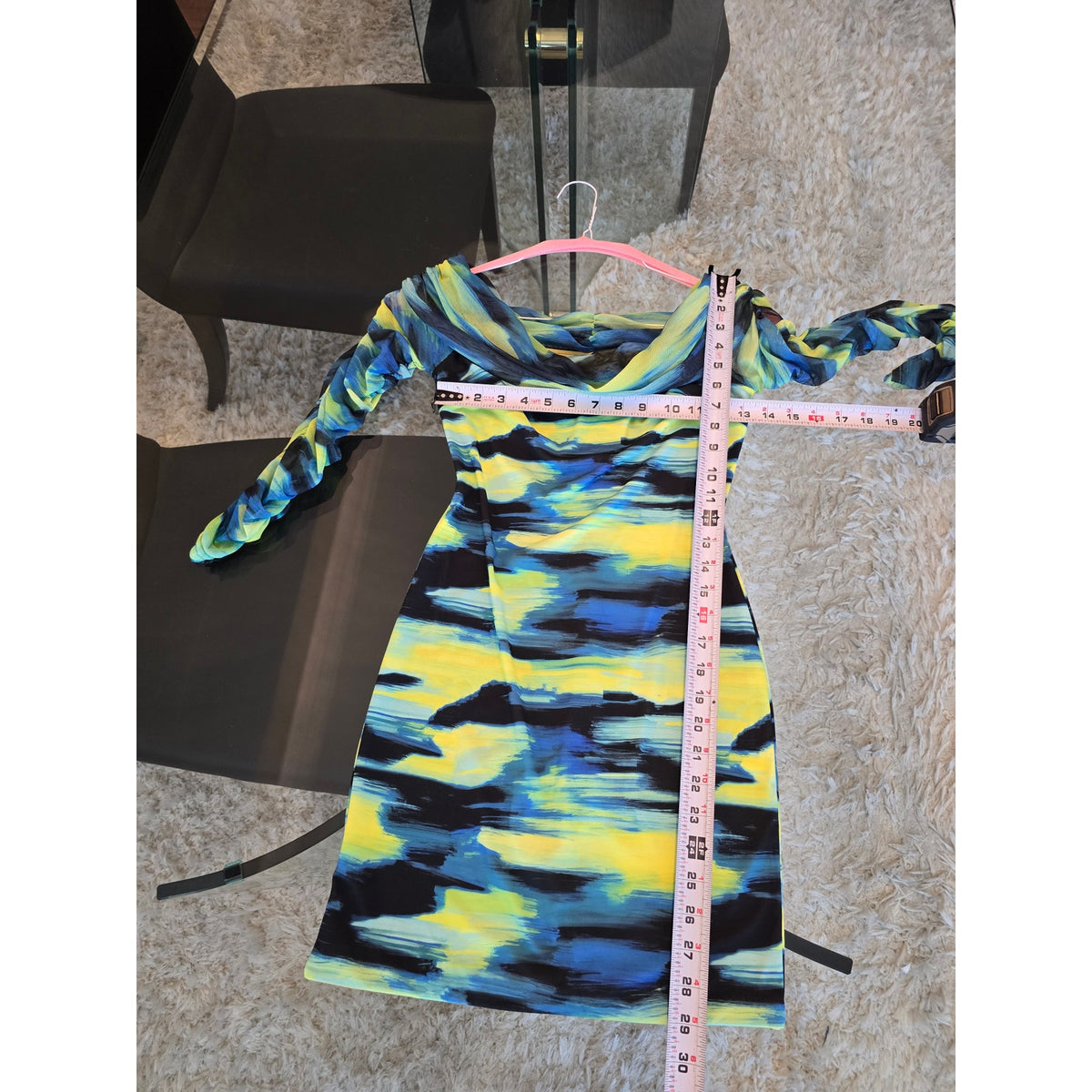 Club L Bodycon Dress 10 Tie Dye Stretch Bardot Neck Ruched Long Sleeve Party