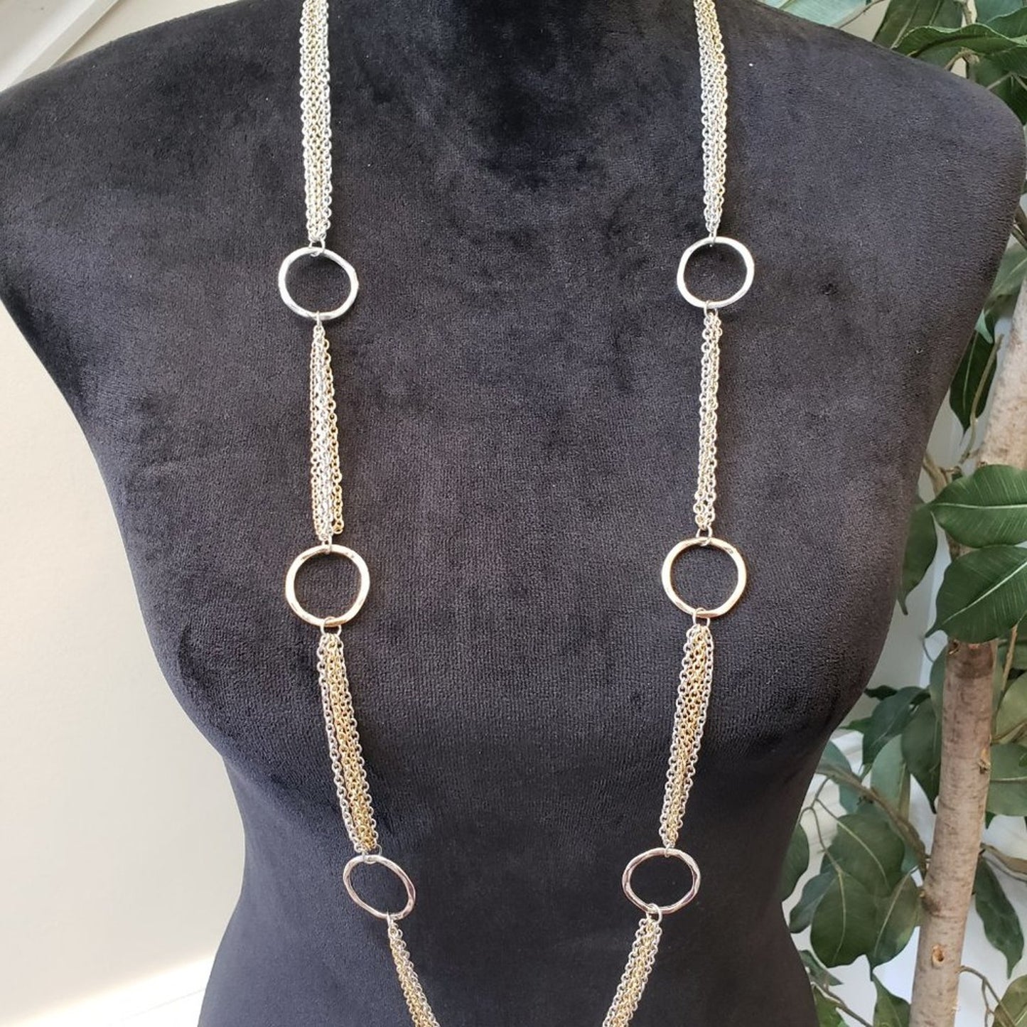 Womens Gold Silver Ring Station Multi-Chain Long Necklace with Lobster Clasp