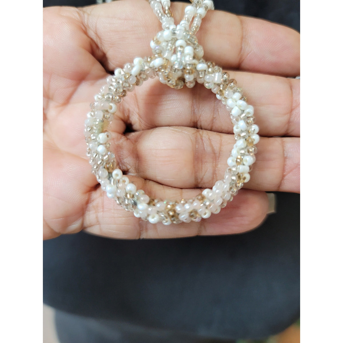 Women's Beaded Necklace With White And Gold Seed Beads And Circle Pendant