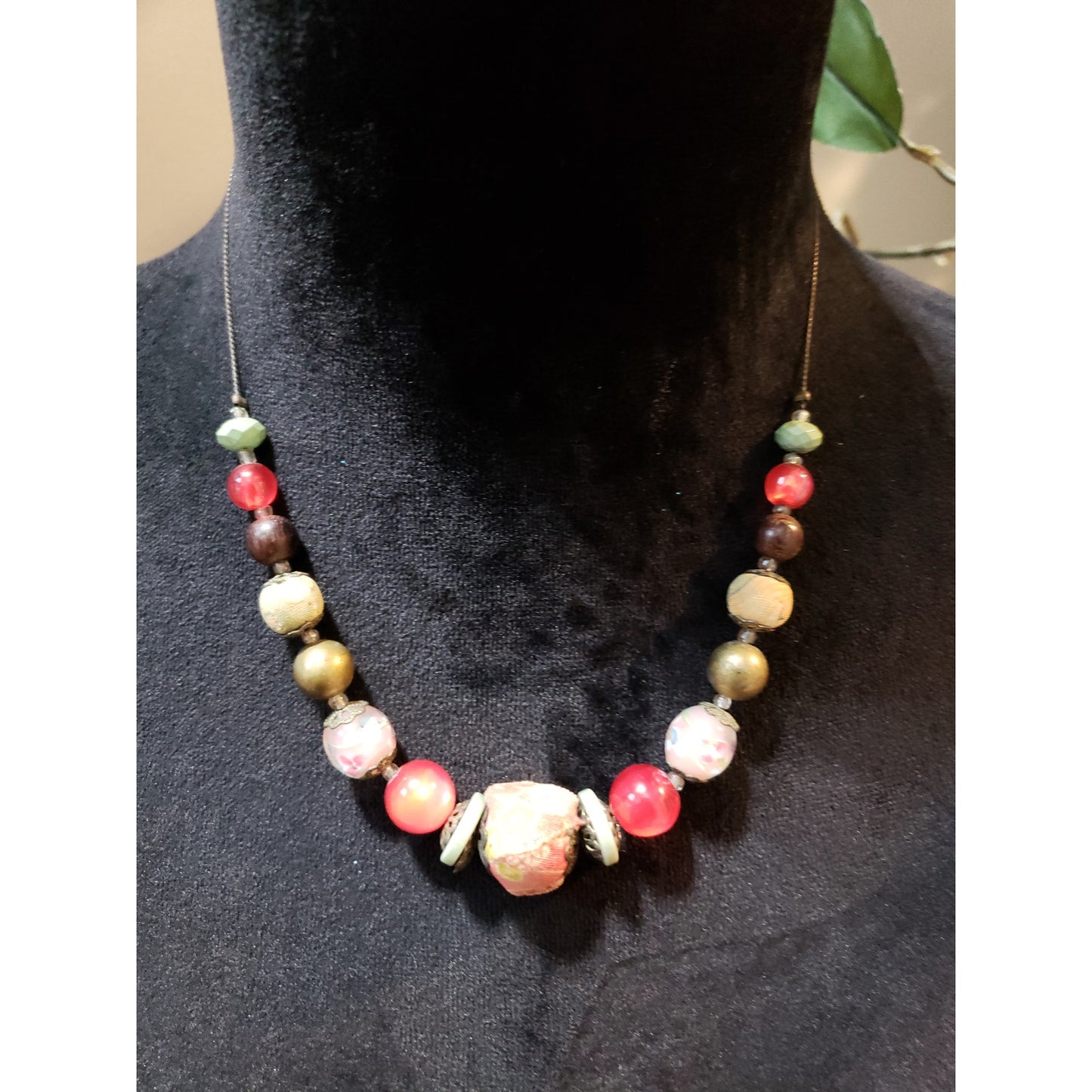 Women's Mixed Bead Boho Necklace Lobster Clasp Fabric Wood Glass Artisan Style