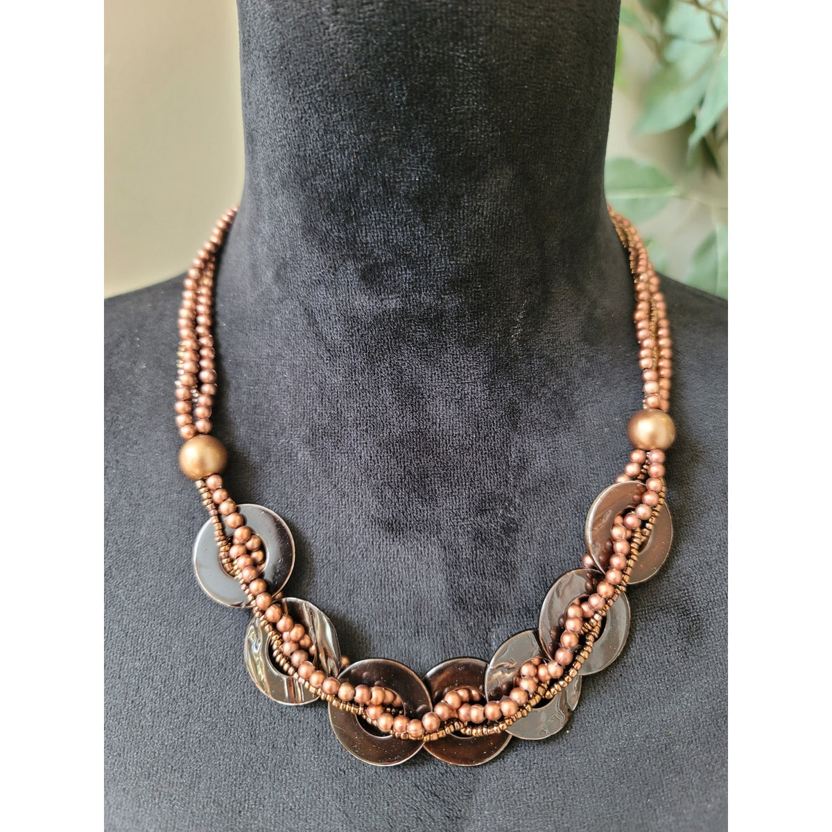 Women's Brown Beaded Statement Necklace With Lobster Clasp And Shell Discs