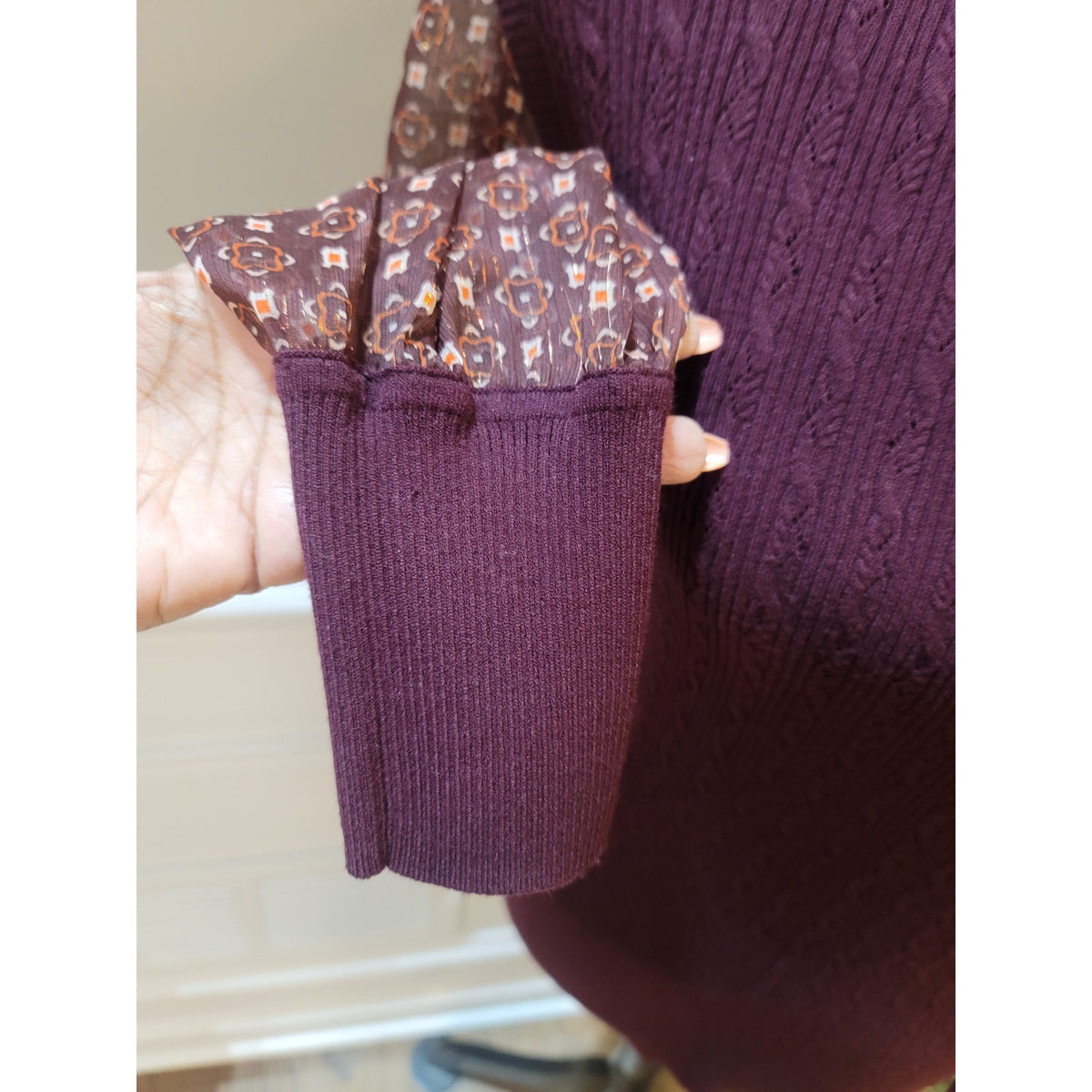 Talbots Cable Knit Sweater Women's Medium Burgundy Ribbed Hem Sheer Long Sleeve